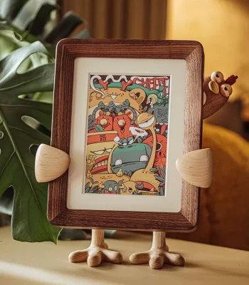 A whimsical wooden picture frame featuring a charming hugging chicken design, perfect for displaying cherished memories